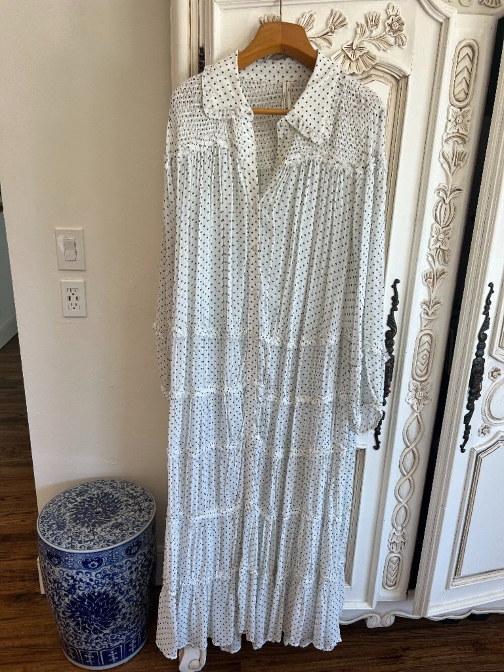 Anthropologie 2x maxi dress white with black polka dots
